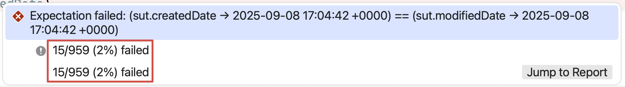錯誤結果顯示,有 2% 的情況 createdDate 與 modifiedDate 並不相等。