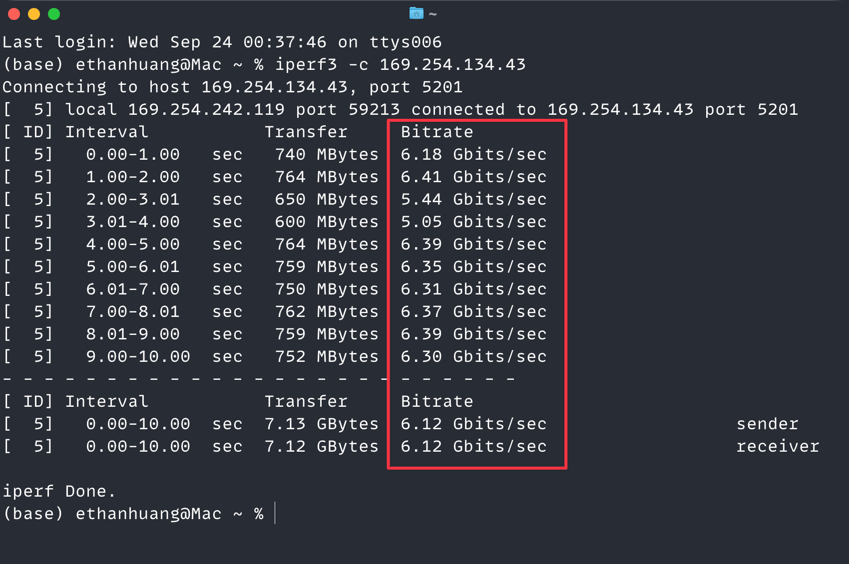 在終端機執行 iperf3，平均 6.12 Gb/s