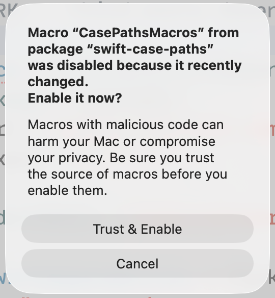 確認要信任與啟用 Macros 的對話框