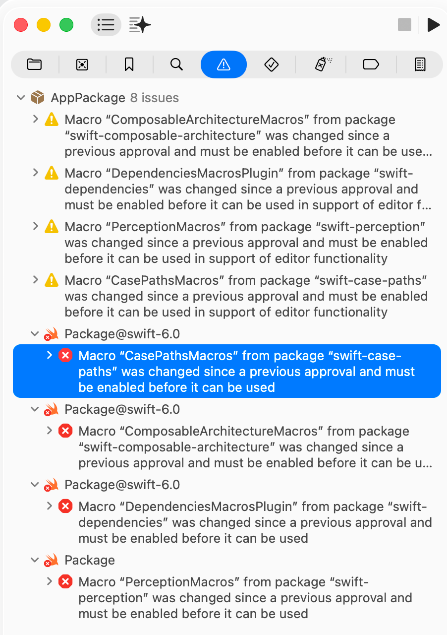 使用 Swift Macros 的套件有更新,所以 Xcode 以錯誤提示阻止專案編譯,需要開發者手動確認