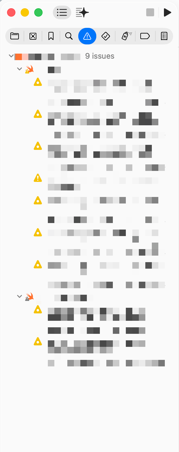 Xcode 的 Issue Navigator。我會要求專案的警告的數量不能超過一頁螢幕範圍。最好是完全消除。