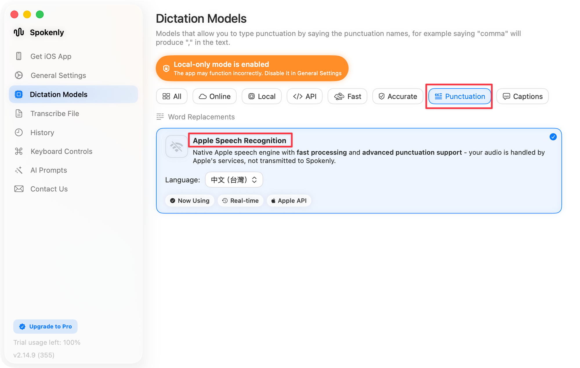 在 Spokenly 使用 Apple Speech Recognition