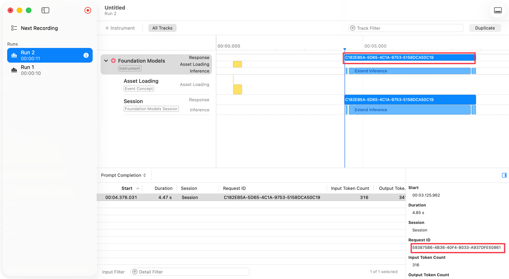 Instruments 的 bug：切到 Run 2 時，右下角面板還在顯示 Run 1 的 Session 資料