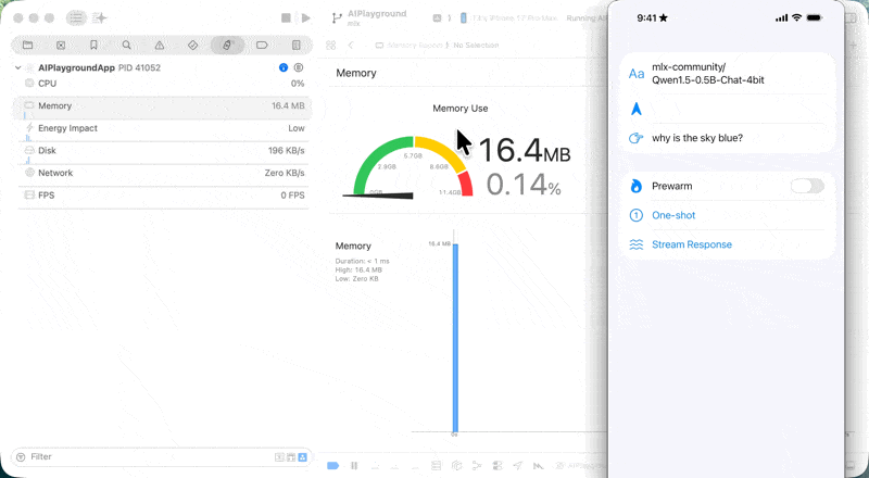 透過 AnyLanguageModel 在 iOS App 呼叫 MLX 執行開源模型，並觀察記憶體使用量與輸出速度