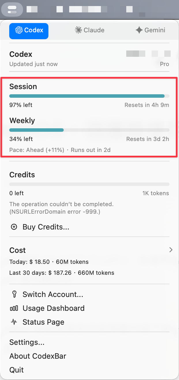 CodexBar 顯示我的 Codex 使用量