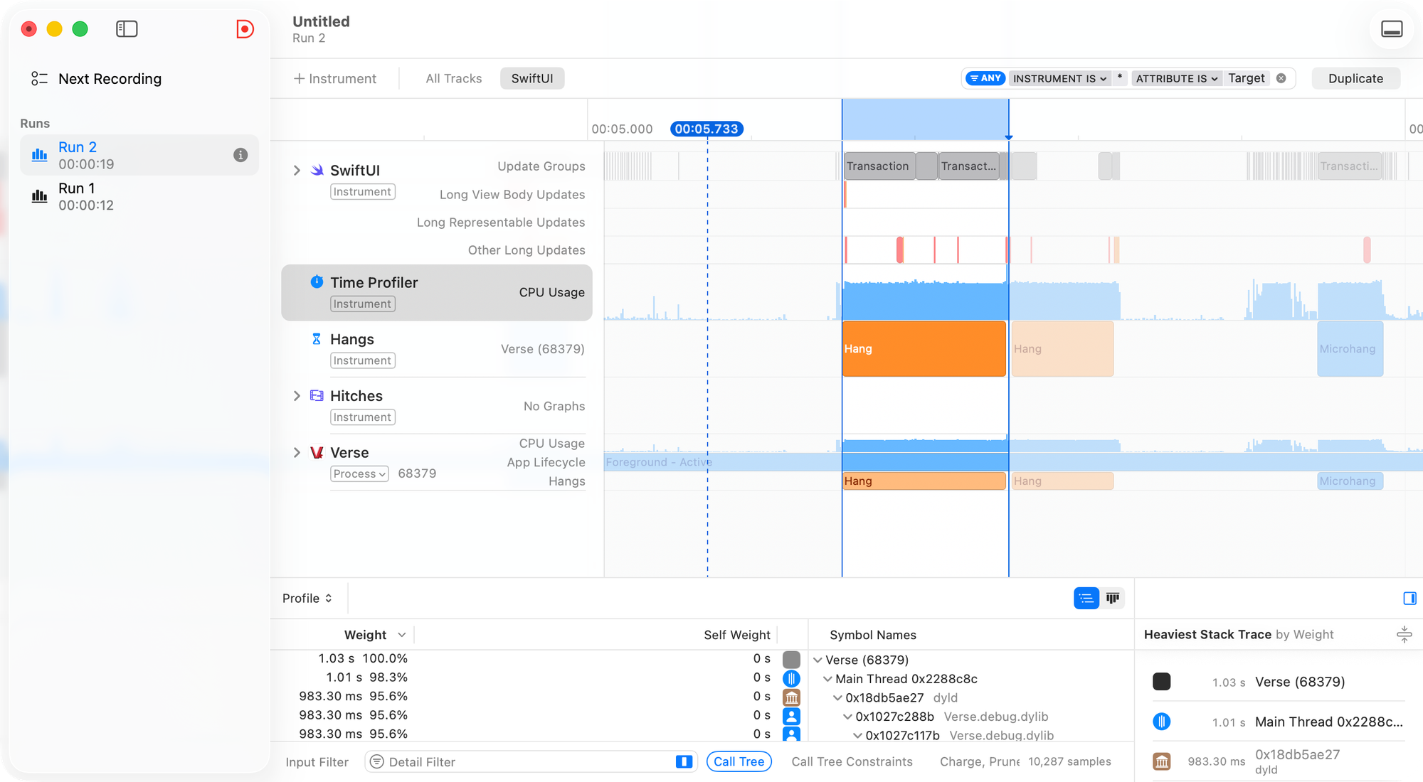 Instruments 看到 Hang